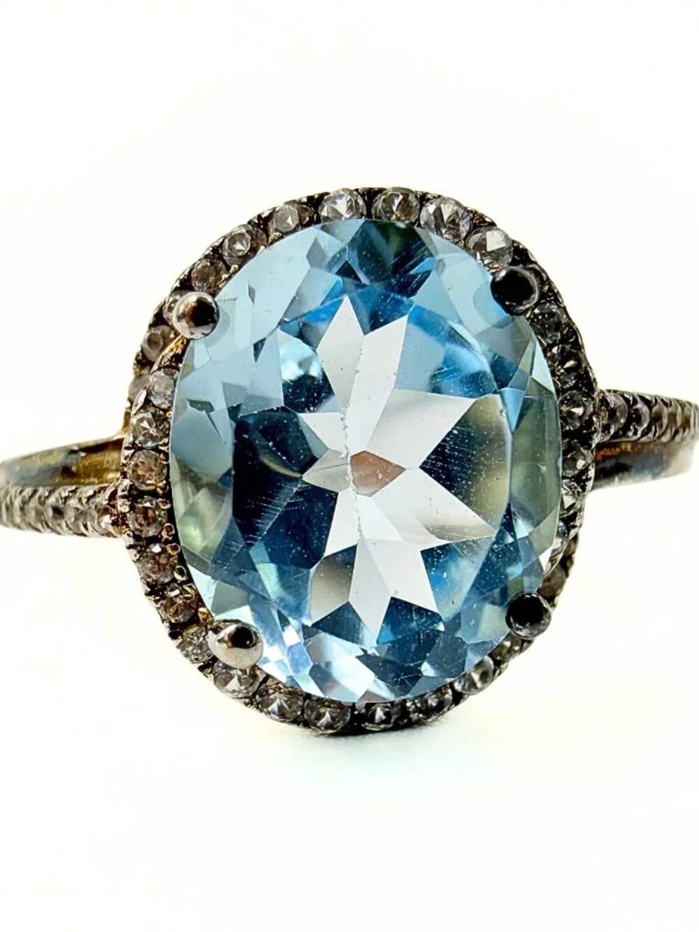 Sparkling Marked Sterling Silver Blue Topaz Regal Halo Cocktail Ring Sz 10